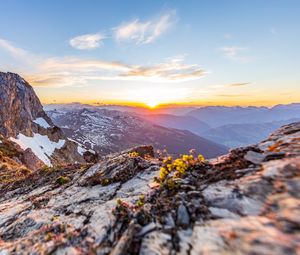 Preview wallpaper mountains, peaks, relief, rays, horizon