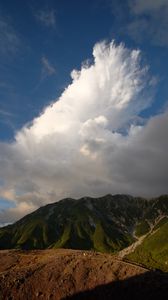 Preview wallpaper mountains, peaks, relief, grass, clouds