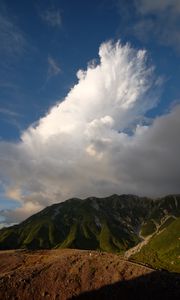 Preview wallpaper mountains, peaks, relief, grass, clouds