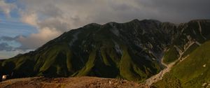 Preview wallpaper mountains, peaks, relief, grass, clouds