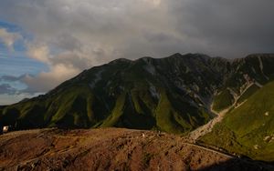 Preview wallpaper mountains, peaks, relief, grass, clouds