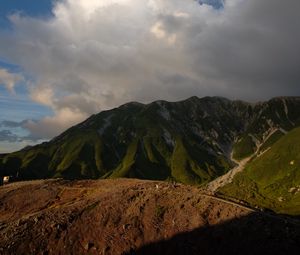 Preview wallpaper mountains, peaks, relief, grass, clouds