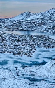 Preview wallpaper mountains, peaks, river, snow, landscape, nature