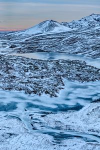 Preview wallpaper mountains, peaks, river, snow, landscape, nature