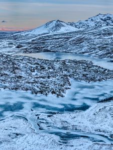 Preview wallpaper mountains, peaks, river, snow, landscape, nature