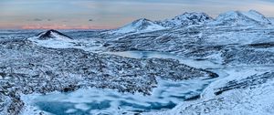 Preview wallpaper mountains, peaks, river, snow, landscape, nature