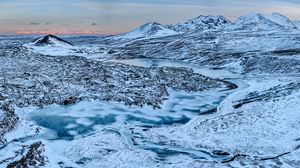 Preview wallpaper mountains, peaks, river, snow, landscape, nature