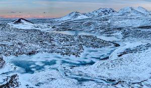 Preview wallpaper mountains, peaks, river, snow, landscape, nature