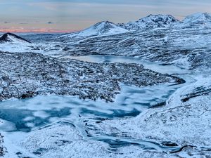 Preview wallpaper mountains, peaks, river, snow, landscape, nature