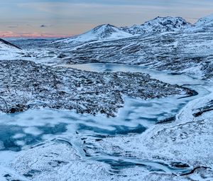 Preview wallpaper mountains, peaks, river, snow, landscape, nature