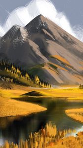 Preview wallpaper mountains, peaks, river, canvas, art