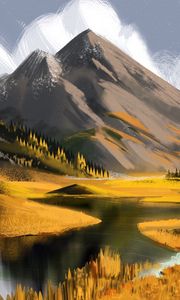 Preview wallpaper mountains, peaks, river, canvas, art