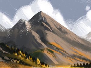 Preview wallpaper mountains, peaks, river, canvas, art