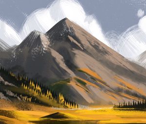 Preview wallpaper mountains, peaks, river, canvas, art