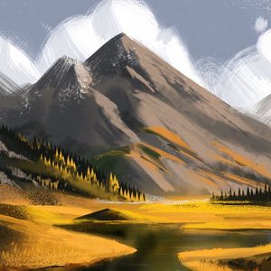 Preview wallpaper mountains, peaks, river, canvas, art
