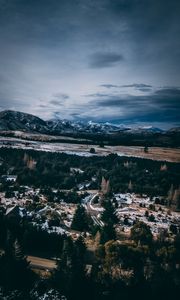 Preview wallpaper mountains, peaks, road, forest, snow, snowy