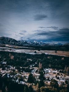 Preview wallpaper mountains, peaks, road, forest, snow, snowy