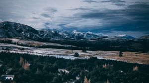 Preview wallpaper mountains, peaks, road, forest, snow, snowy