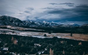 Preview wallpaper mountains, peaks, road, forest, snow, snowy