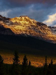 Preview wallpaper mountains, peaks, rock, rays, forest