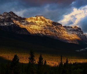 Preview wallpaper mountains, peaks, rock, rays, forest