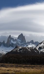 Preview wallpaper mountains, peaks, rocks, trees, cloudy