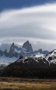 Preview wallpaper mountains, peaks, rocks, trees, cloudy