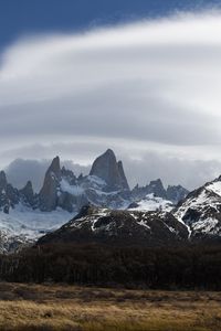 Preview wallpaper mountains, peaks, rocks, trees, cloudy