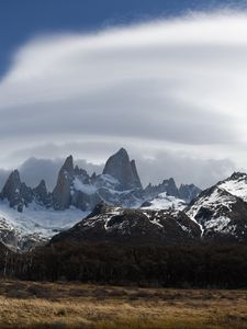 Preview wallpaper mountains, peaks, rocks, trees, cloudy