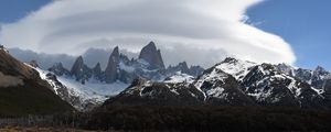 Preview wallpaper mountains, peaks, rocks, trees, cloudy