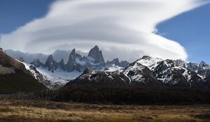 Preview wallpaper mountains, peaks, rocks, trees, cloudy