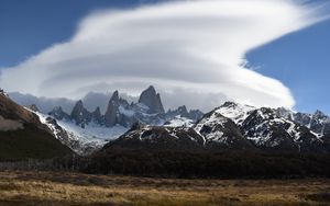 Preview wallpaper mountains, peaks, rocks, trees, cloudy