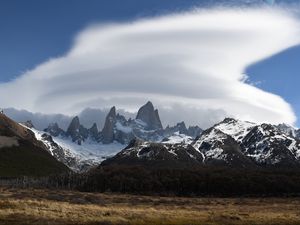 Preview wallpaper mountains, peaks, rocks, trees, cloudy