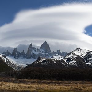 Preview wallpaper mountains, peaks, rocks, trees, cloudy