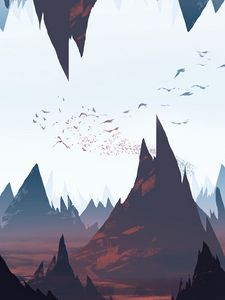 Preview wallpaper mountains, peaks, rocks, birds, art