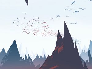 Preview wallpaper mountains, peaks, rocks, birds, art