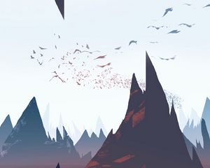 Preview wallpaper mountains, peaks, rocks, birds, art