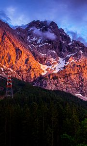 Preview wallpaper mountains, peaks, rocks, snowy, trees