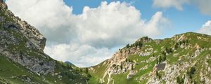 Preview wallpaper mountains, peaks, rocks, spruce, grass