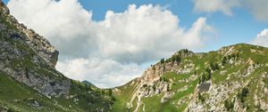 Preview wallpaper mountains, peaks, rocks, spruce, grass