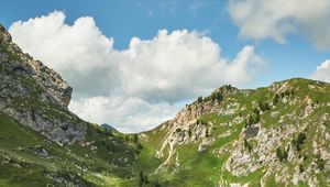 Preview wallpaper mountains, peaks, rocks, spruce, grass