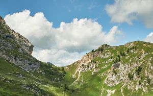 Preview wallpaper mountains, peaks, rocks, spruce, grass