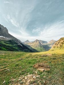 Preview wallpaper mountains, peaks, rocks, grass, sky