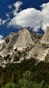 Preview wallpaper mountains, peaks, rocks, trees, spruce, sky