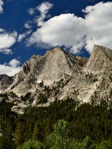 Preview wallpaper mountains, peaks, rocks, trees, spruce, sky