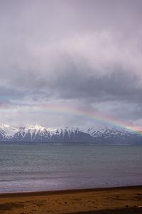 Preview wallpaper mountains, peaks, sea, rainbow, landscape