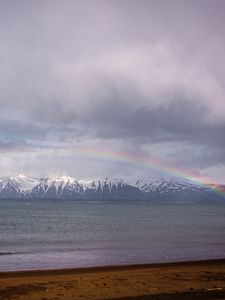 Preview wallpaper mountains, peaks, sea, rainbow, landscape