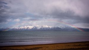 Preview wallpaper mountains, peaks, sea, rainbow, landscape