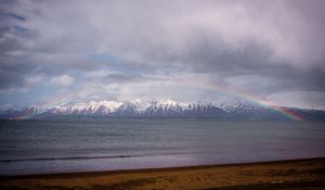 Preview wallpaper mountains, peaks, sea, rainbow, landscape