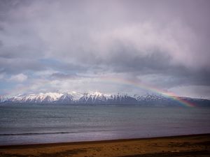 Preview wallpaper mountains, peaks, sea, rainbow, landscape